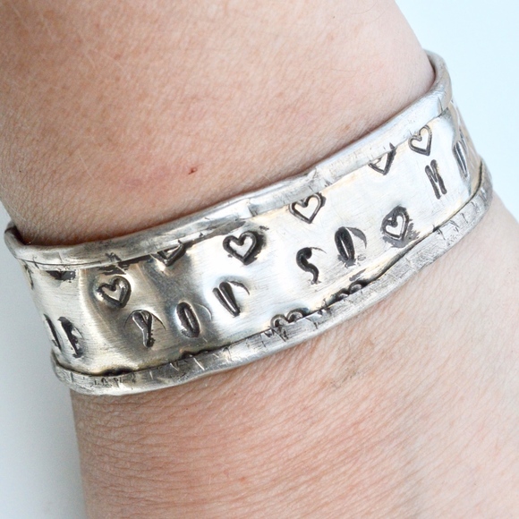Conceptual Subculture Jewelry - Sterling Silver Stamped Love Cuff Bracelet 925